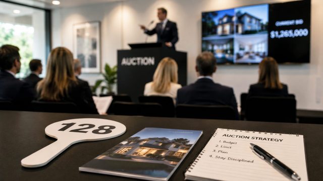 Auction paddle, property brochure, strategy notes, and pen prepared for disciplined bidding at a residential property auction.