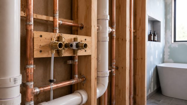 Exposed copper water lines and PVC drainage pipes installed inside a bathroom wall during the plumbing rough-in stage.