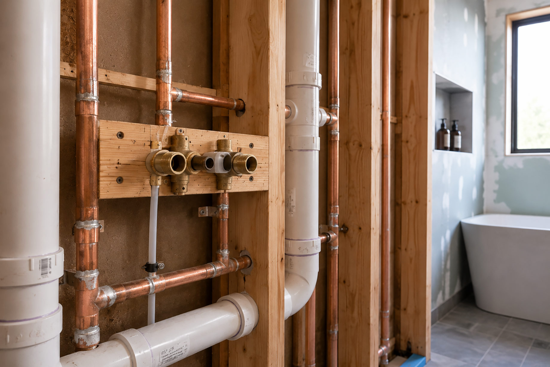 Exposed copper water lines and PVC drainage pipes installed inside a bathroom wall during the plumbing rough-in stage.