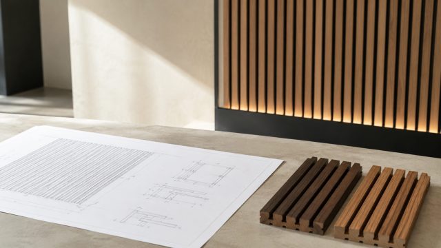 Architectural drawing beside two timber slat samples with a finished illuminated slatted wall panel installed in the background.