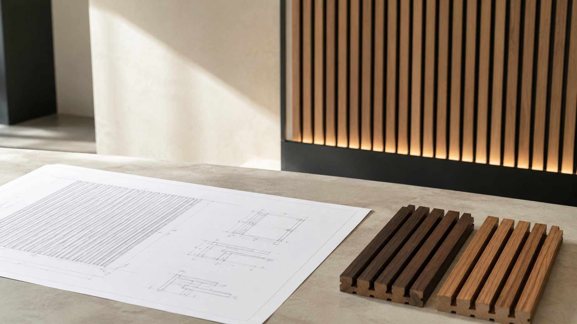 Architectural drawing beside two timber slat samples with a finished illuminated slatted wall panel installed in the background.