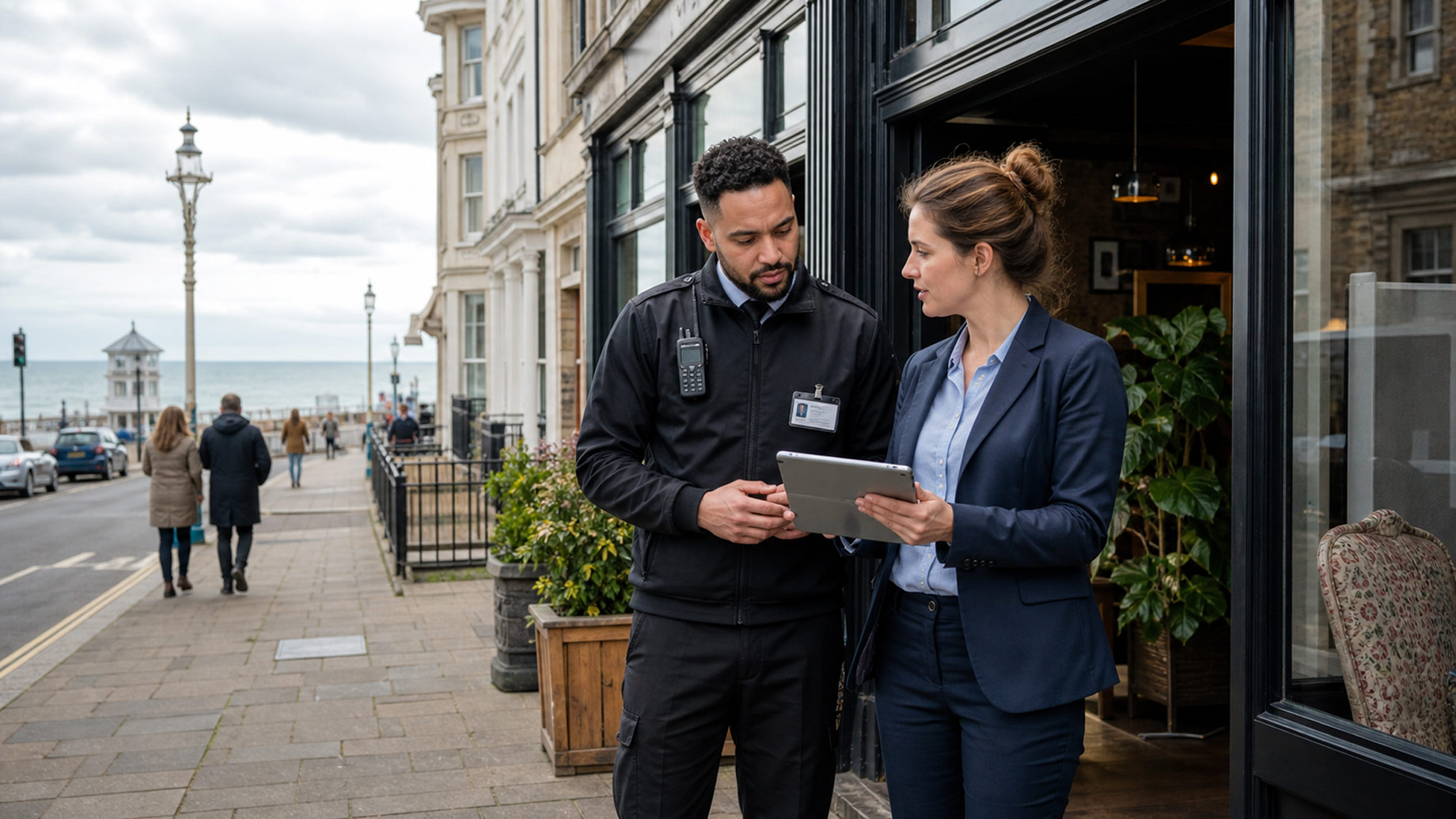 Security officer and business manager reviewing a tablet outside a Brighton seafront business.
