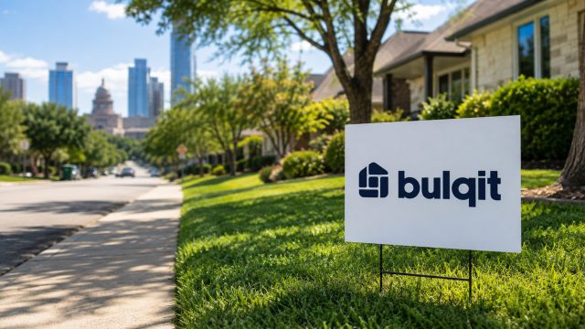 Bulqit sign on a manicured residential lawn in an Austin neighborhood with the Texas State Capitol and downtown skyline in the distance.