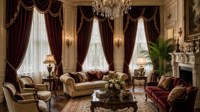 Burgundy velvet drapery framing tall windows in an ornate formal living room with a crystal chandelier and carved marble fireplace.