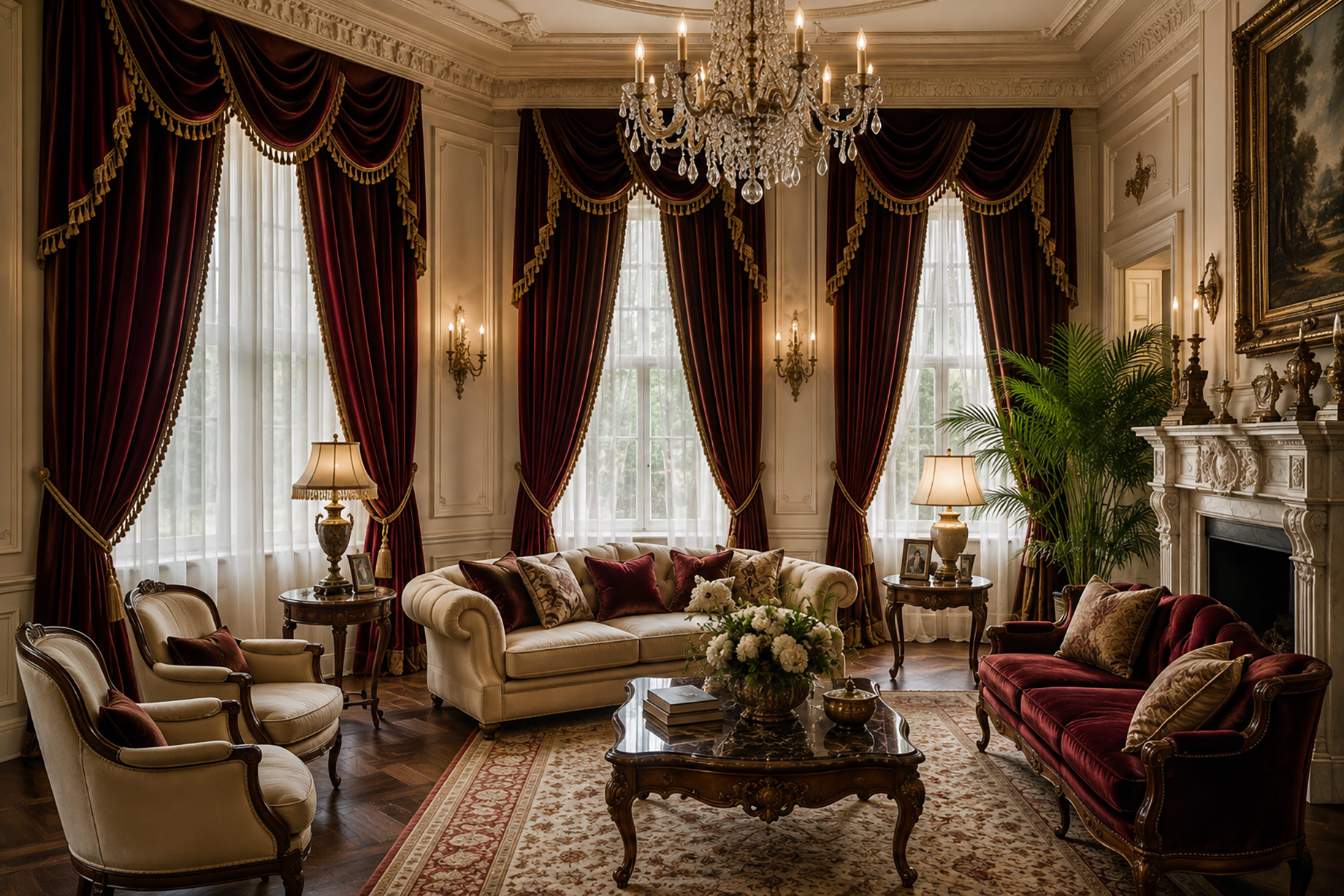 Burgundy velvet drapery framing tall windows in an ornate formal living room with a crystal chandelier and carved marble fireplace.