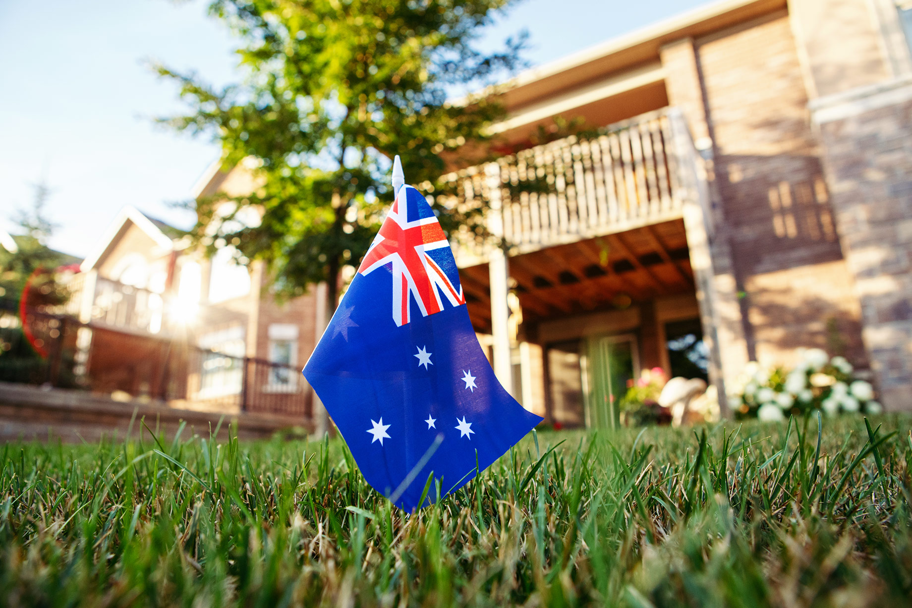 Australian flag planted in a front lawn with a residential home in the background.