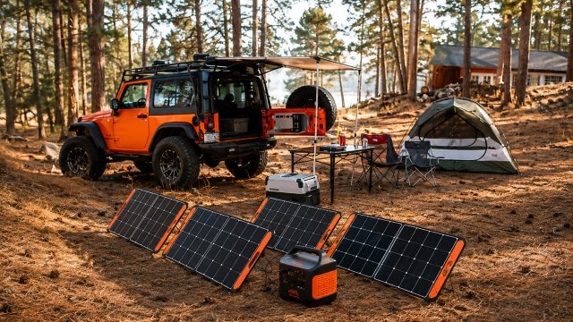 Portable solar panels charging a power station beside an off-road vehicle, tent, and campsite in a pine forest.