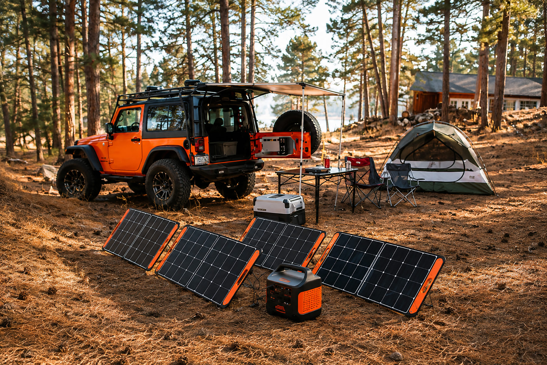 Portable solar panels charging a power station beside an off-road vehicle, tent, and campsite in a pine forest.