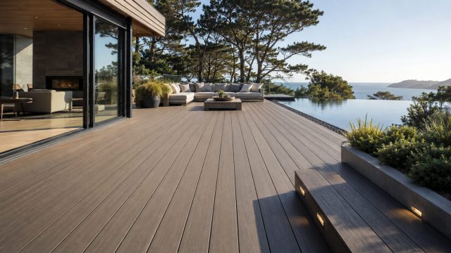 Capped composite decking extends from a modern home to an infinity pool, with integrated steps, planted borders, outdoor seating, and coastal views.