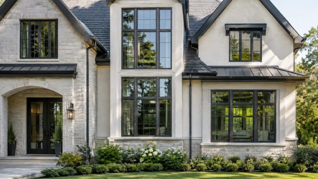 Refined home exterior with dark-framed casement windows, natural stone, light stucco, landscaped gardens, and carefully balanced architectural details.