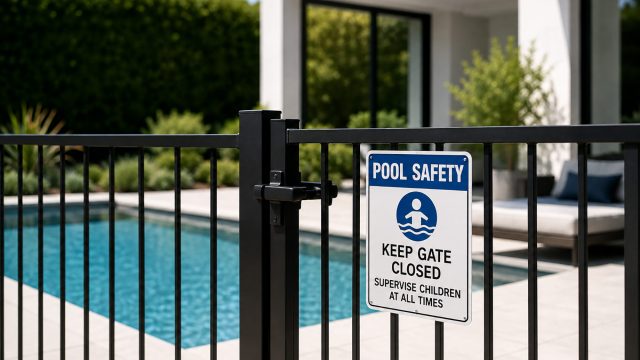 Secure black metal pool gate with a child safety notice surrounding the swimming pool of a modern luxury residence.