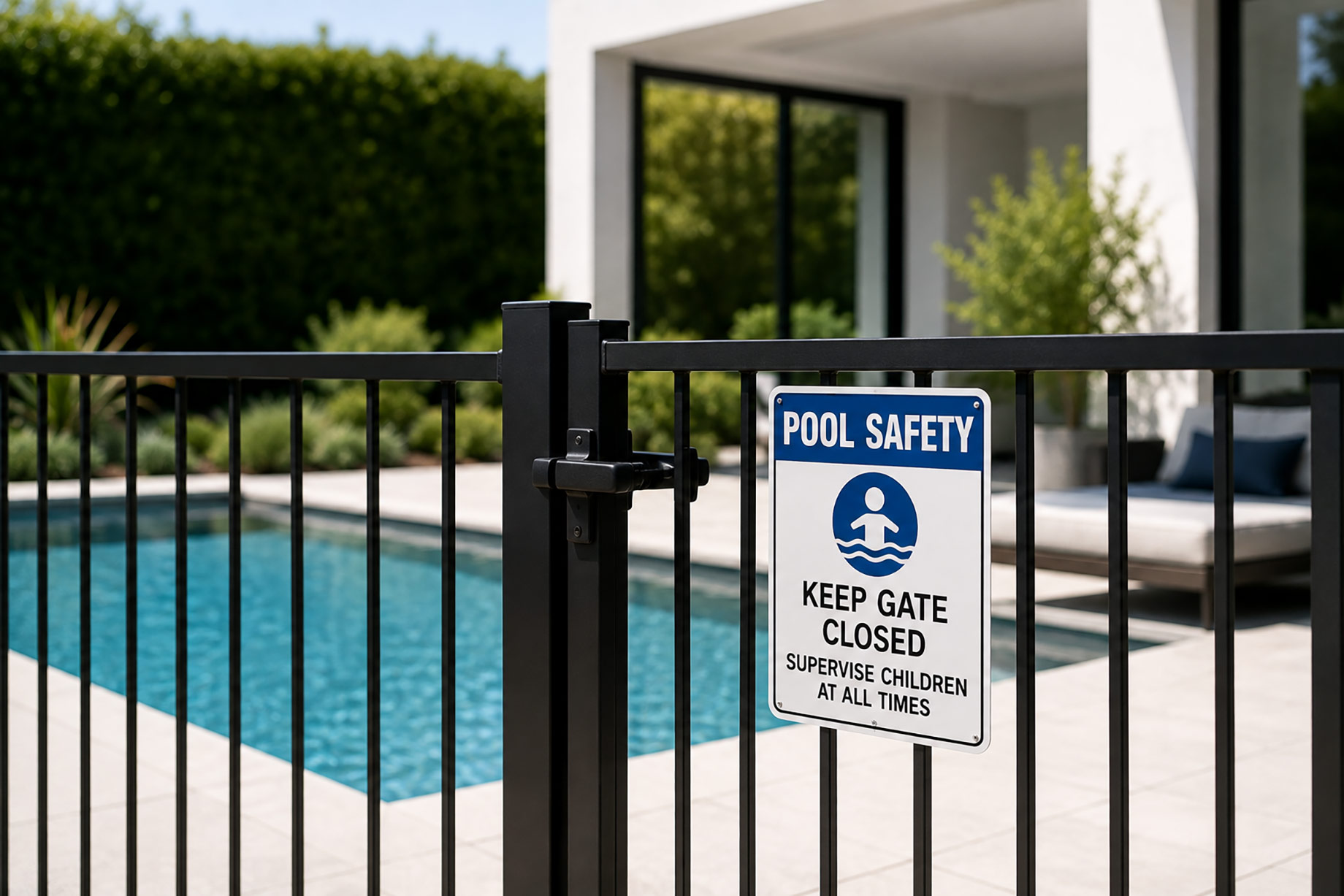 Secure black metal pool gate with a child safety notice surrounding the swimming pool of a modern luxury residence.