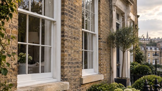 White sliding sash windows with traditional glazing bars set into the weathered brick facade of a British townhouse with stone detailing and landscaped greenery.