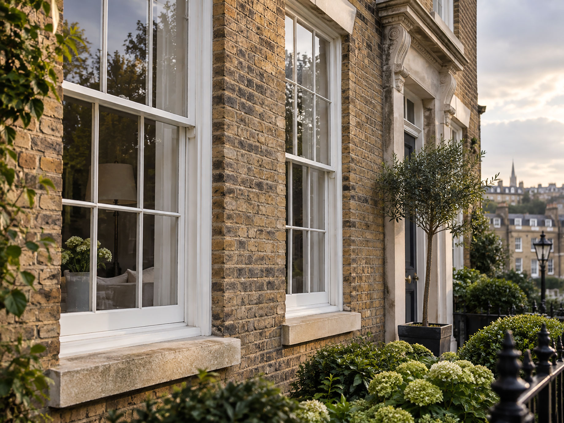 White sliding sash windows with traditional glazing bars set into the weathered brick facade of a British townhouse with stone detailing and landscaped greenery.