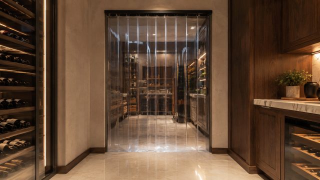 Clear overlapping PVC strip curtains installed at the entrance to an elegant wine room with wood cabinetry, bottle storage, and warm lighting.