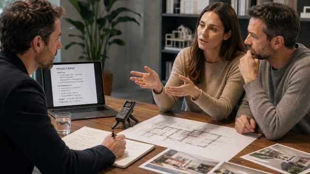 Architect meeting with clients to review project requirements, floor plans, priorities, budget, and design expectations during an initial briefing.