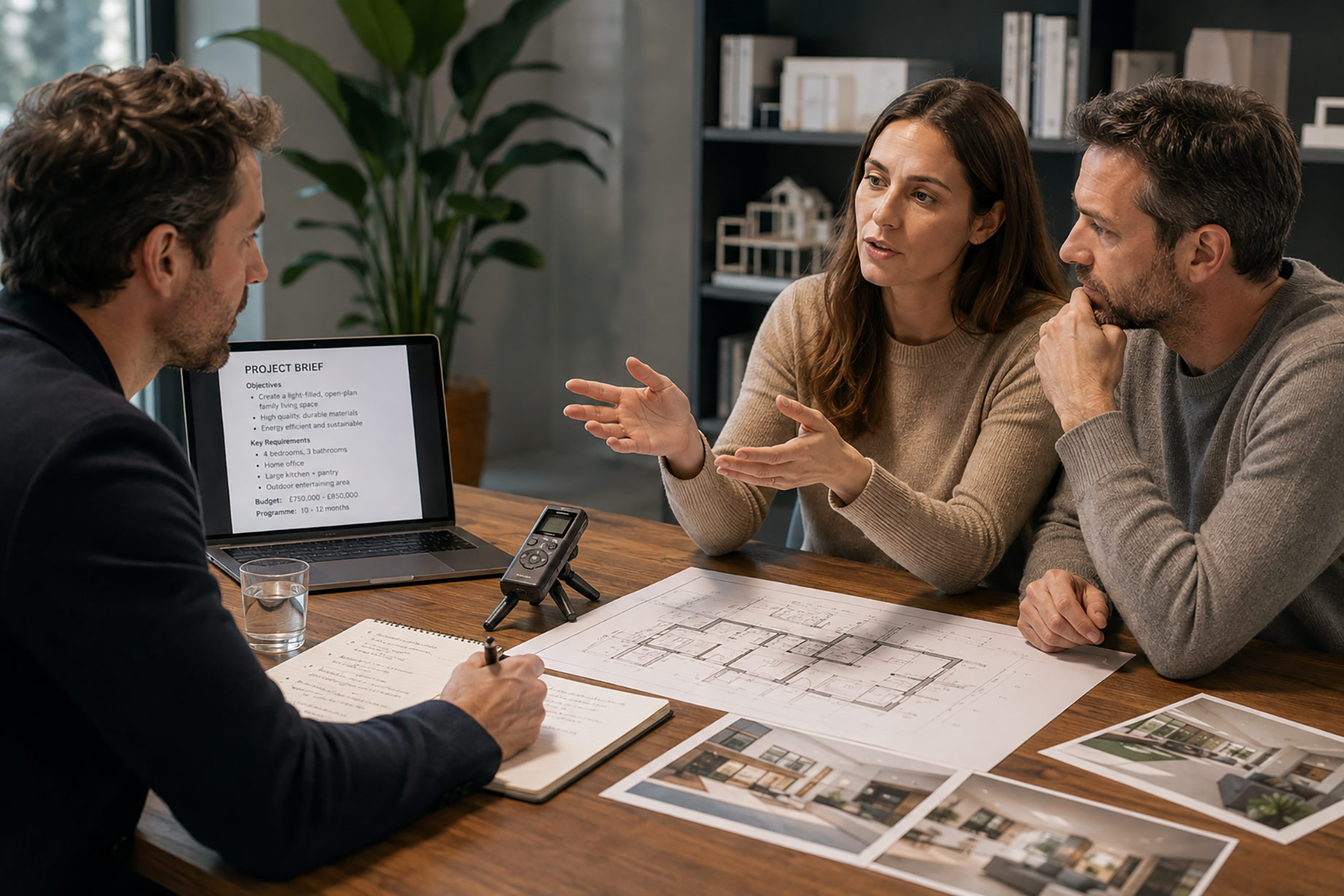 Architect meeting with clients to review project requirements, floor plans, priorities, budget, and design expectations during an initial briefing.
