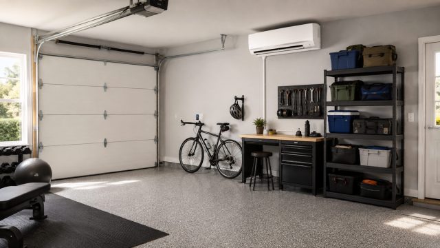 Organized home garage with a wall-mounted ductless air conditioner, insulated overhead door, workbench, storage shelves, bicycle, and workout equipment.