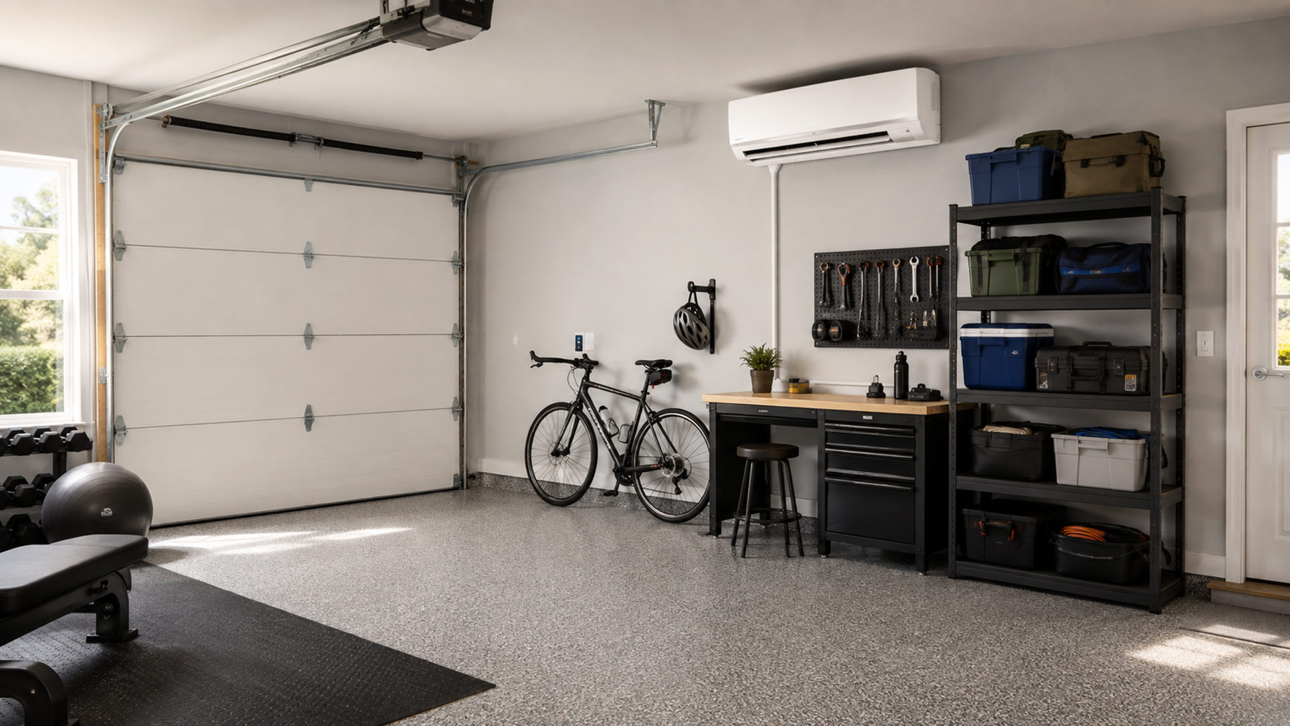 Organized home garage with a wall-mounted ductless air conditioner, insulated overhead door, workbench, storage shelves, bicycle, and workout equipment.