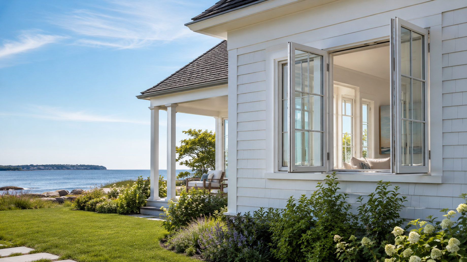 Bright coastal residence with open white-framed casement windows, shingle siding, covered porch, landscaped garden, and expansive ocean views.