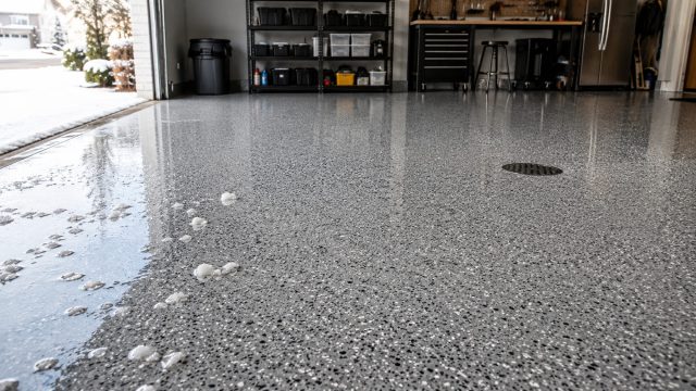 Durable coated garage floor with melted snow and winter residue near the entrance, demonstrating protection against moisture, salt, stains, and daily wear.