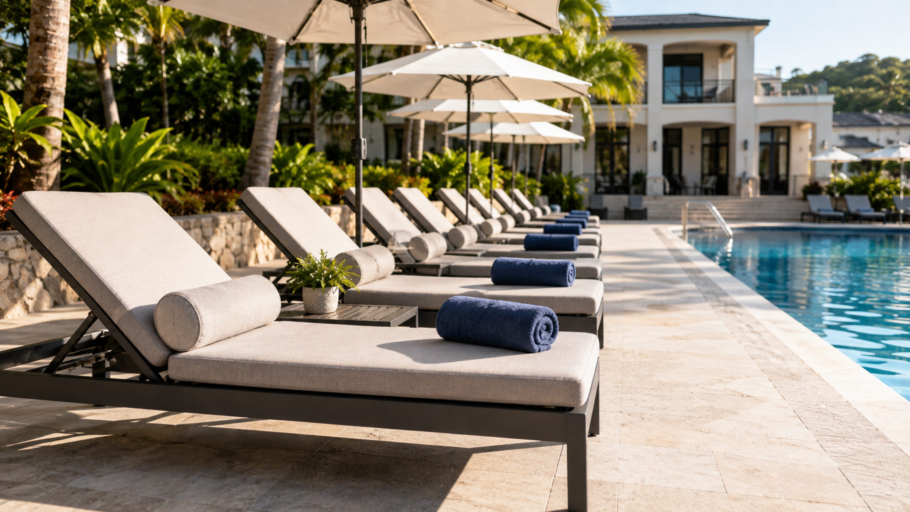 Commercial sun loungers with pale cushions and navy towels beneath white umbrellas beside a luxury resort swimming pool.