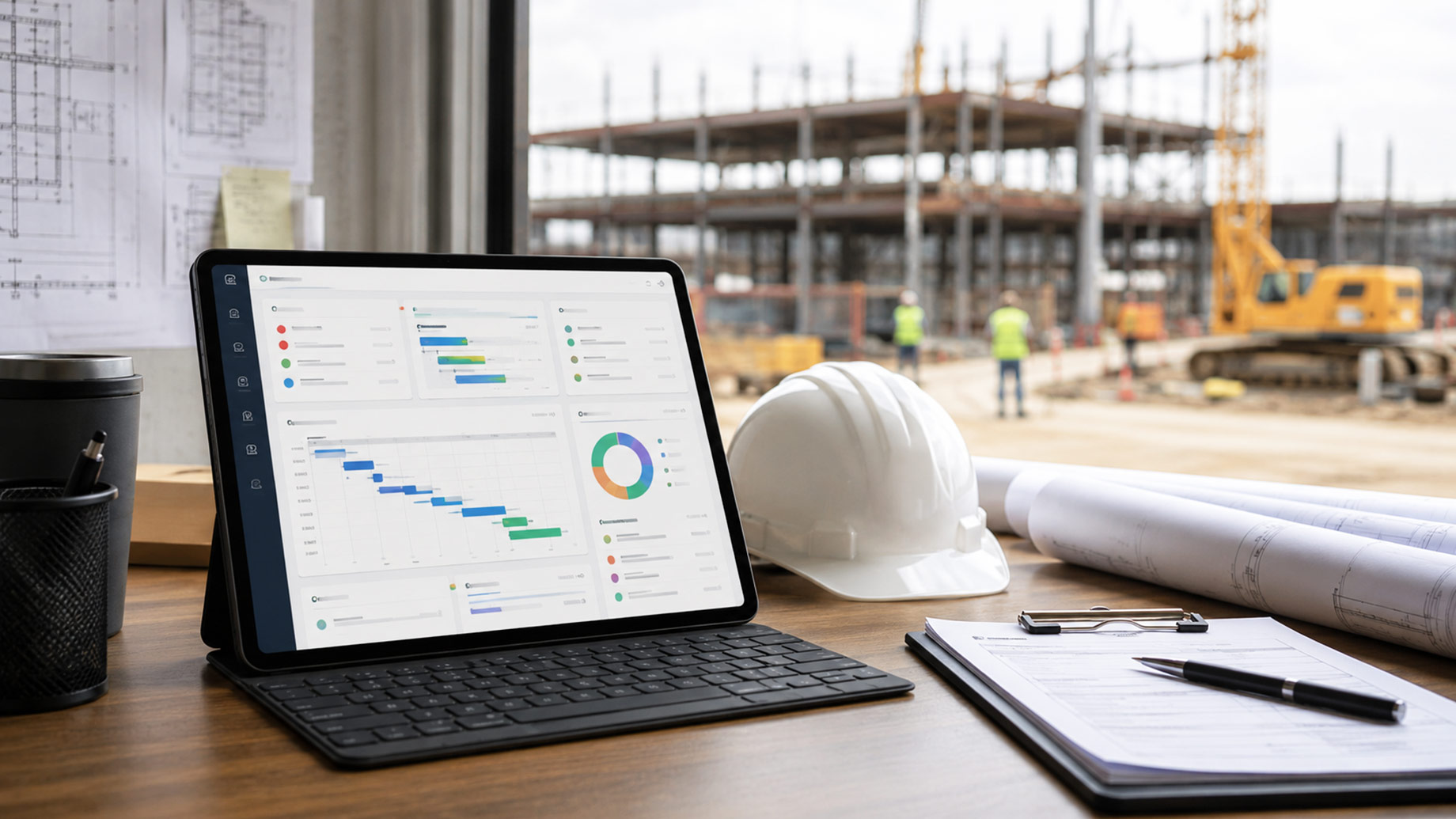 Tablet displaying construction project management software beside blueprints and a hard hat overlooking an active commercial jobsite.