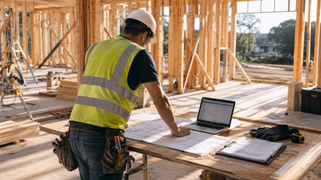 Contractor reviewing building plans and cash flow figures at a timber-framed residential construction site.