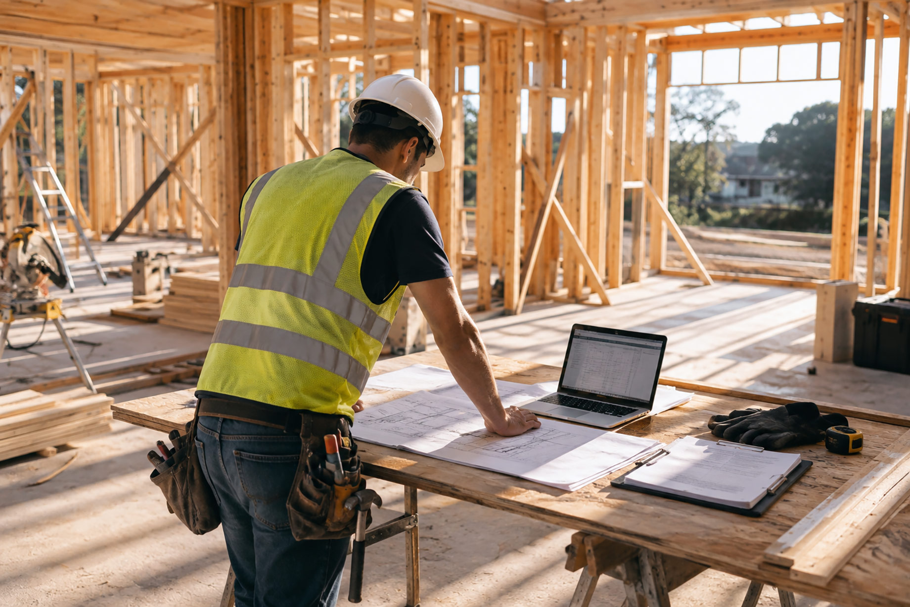 Contractor reviewing building plans and cash flow figures at a timber-framed residential construction site.