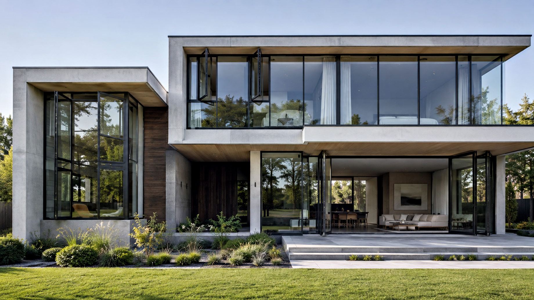 Contemporary two-story home with expansive black-framed glass, operable casement windows, concrete architecture, wood accents, and landscaped grounds.