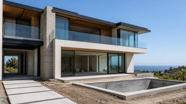 Modern luxury residence under construction with expansive glass walls, concrete detailing, unfinished landscaping, and a future swimming pool.