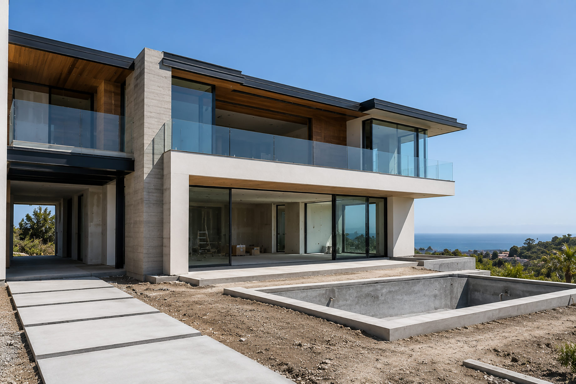 Modern luxury residence under construction with expansive glass walls, concrete detailing, unfinished landscaping, and a future swimming pool.