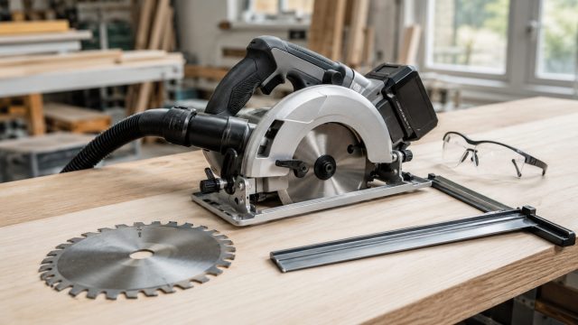 Cordless circular saw with a fitted cutting blade, spare blade, guide rail, dust extraction hose, and safety glasses on a workshop bench.