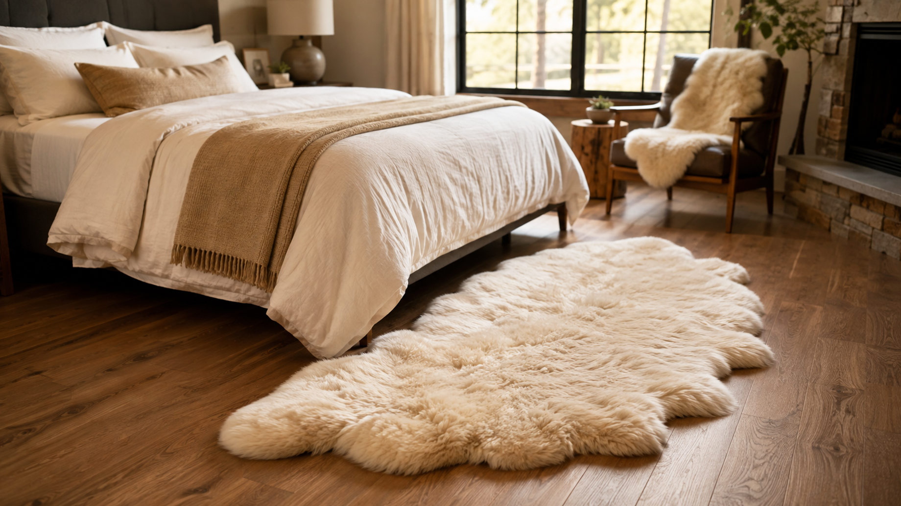 Rustic bedroom nook with a genuine sheepskin rug adding warmth and softness beside the bed.