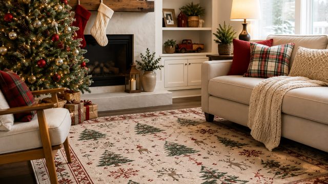Warm Christmas living room with a decorated tree, festive area rug, stockings, fireplace, seasonal cushions, greenery, and wrapped presents.
