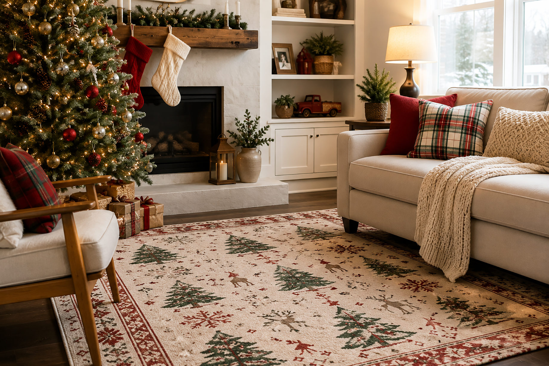 Warm Christmas living room with a decorated tree, festive area rug, stockings, fireplace, seasonal cushions, greenery, and wrapped presents.