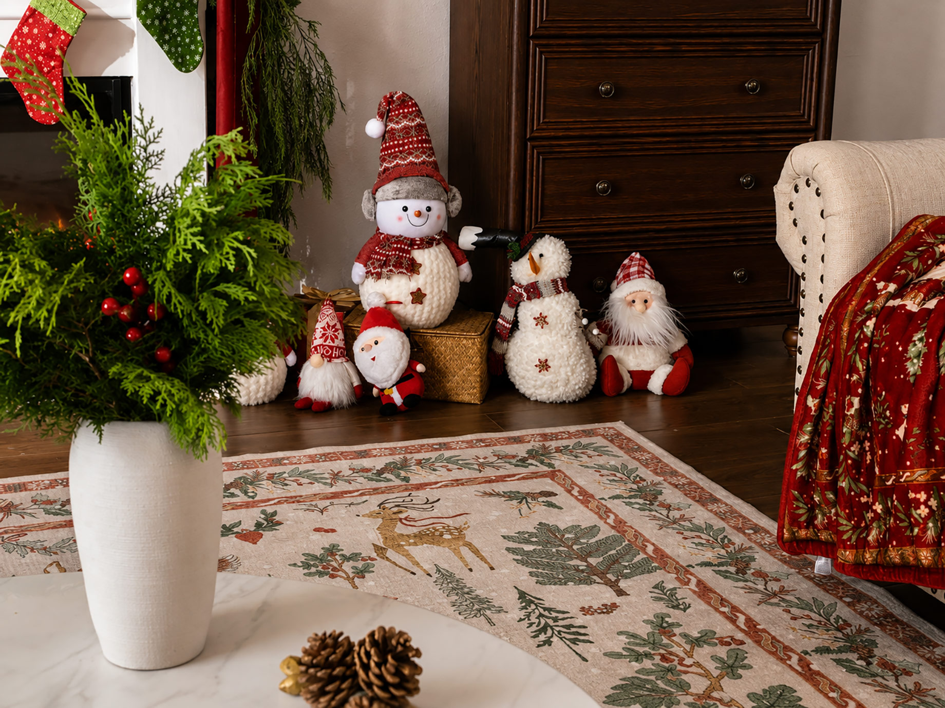 Cozy Christmas Living Room with Festive Rug and Holiday Decor