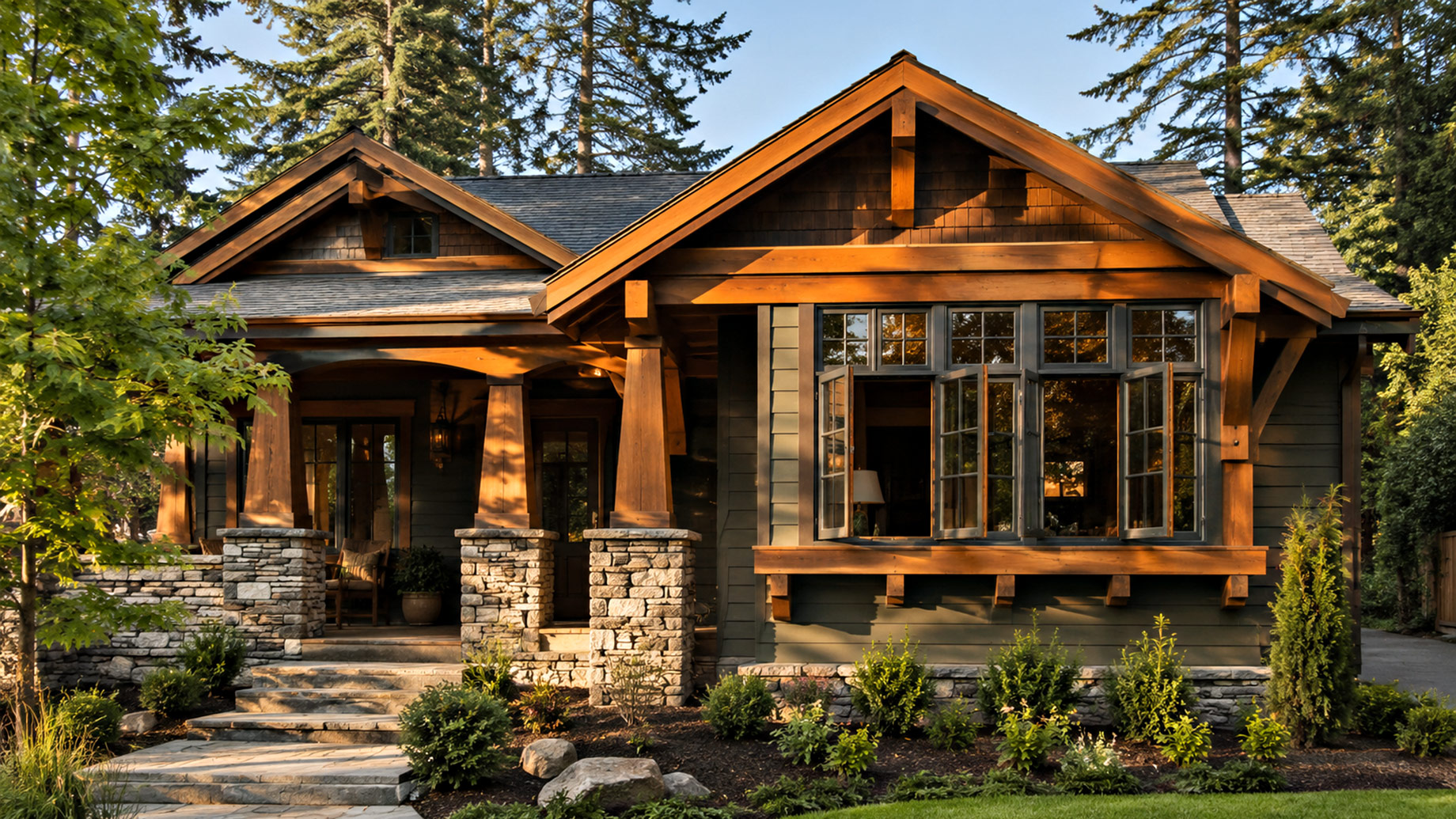 Craftsman residence with open casement windows, exposed timber beams, stone porch columns, dark siding, and mature woodland landscaping.