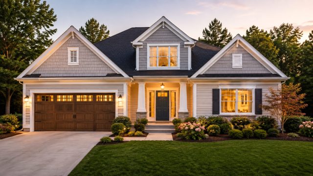 Well-maintained suburban home with fresh siding, modern garage doors, exterior lighting, manicured landscaping, and an inviting front entrance.