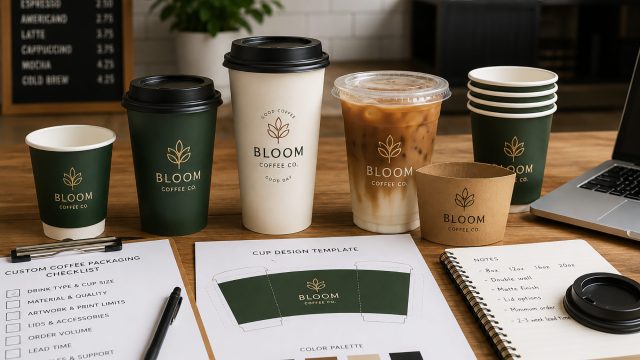 Branded coffee cups, lids, sleeves, packaging samples, and design proofs arranged on a cafe counter for review.