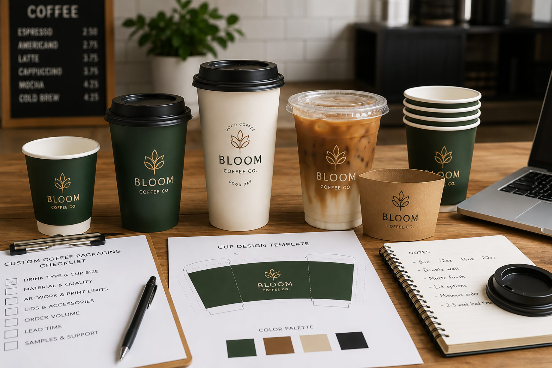 Branded coffee cups, lids, sleeves, packaging samples, and design proofs arranged on a cafe counter for review.