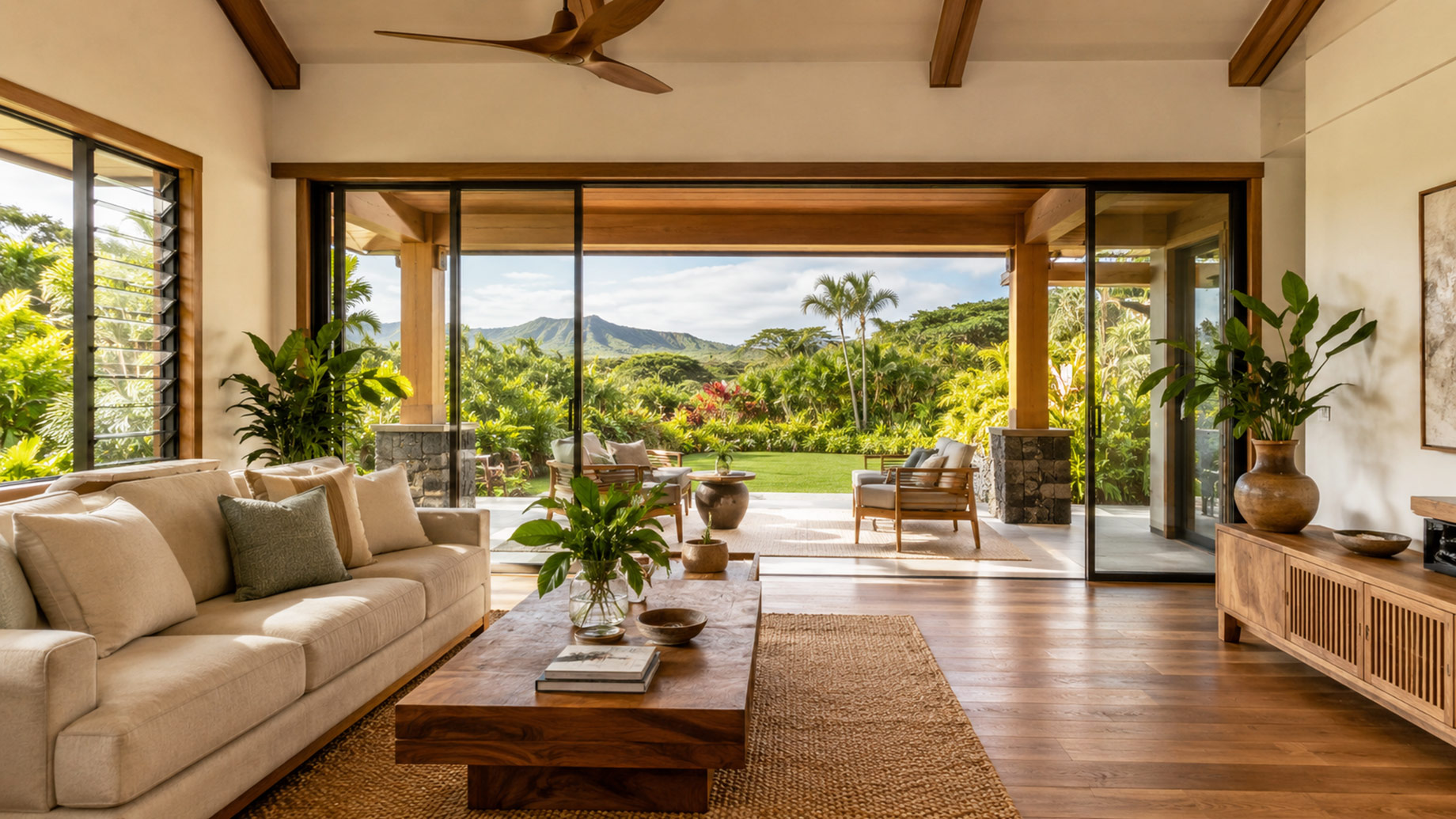 Open-plan custom home with natural wood finishes, indoor-outdoor living, tropical landscaping, and mountain views in Hawaii.