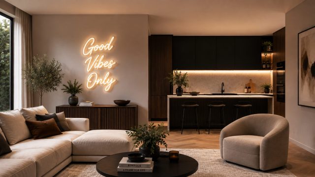 Warm modern living room with a glowing custom neon sign above a wood console, neutral seating, layered lighting, and an open-plan kitchen.