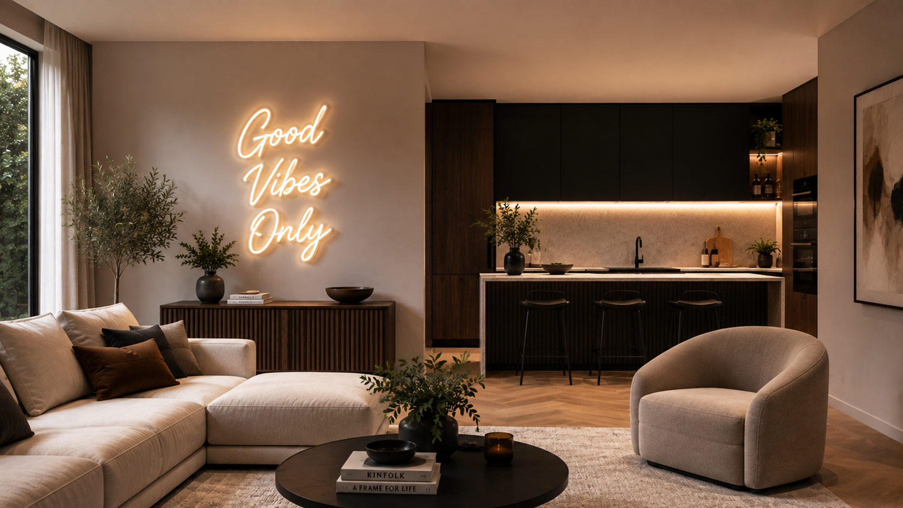 Warm modern living room with a glowing custom neon sign above a wood console, neutral seating, layered lighting, and an open-plan kitchen.