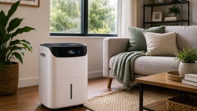 Modern dehumidifier maintaining 45 percent humidity in a bright living room with condensation visible on the nearby window.