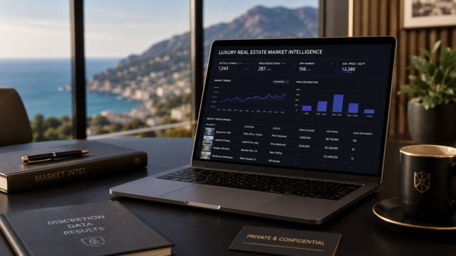 Laptop displaying luxury real estate market intelligence data on a private workspace overlooking an exclusive coastal property market.