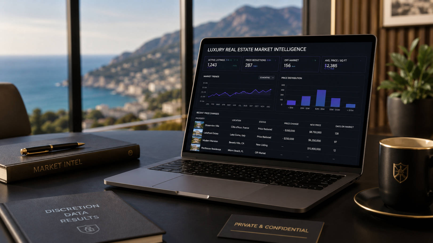 Laptop displaying luxury real estate market intelligence data on a private workspace overlooking an exclusive coastal property market.