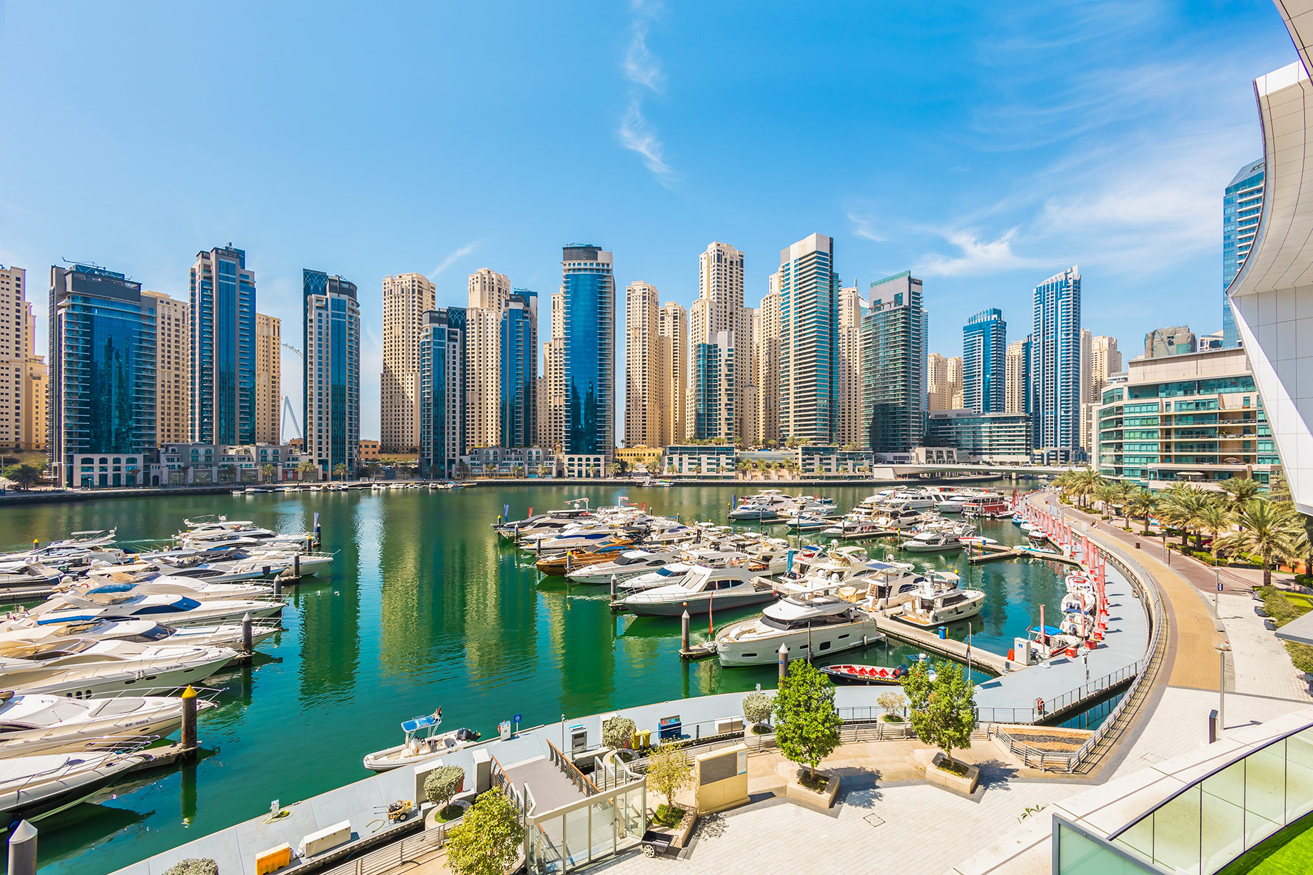 Luxury yachts moored in Dubai Marina with modern residential skyscrapers rising along the waterfront under a clear blue sky.
