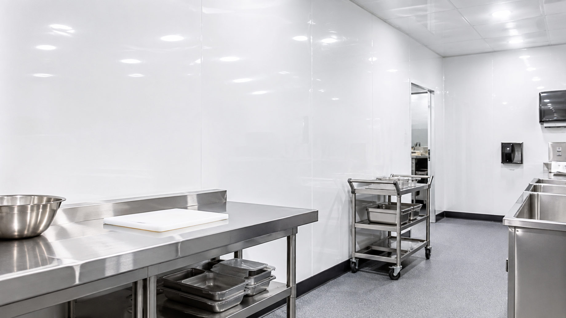 Commercial food preparation space with seamless white wall panels, stainless-steel work surfaces, sinks, and a mobile equipment cart.