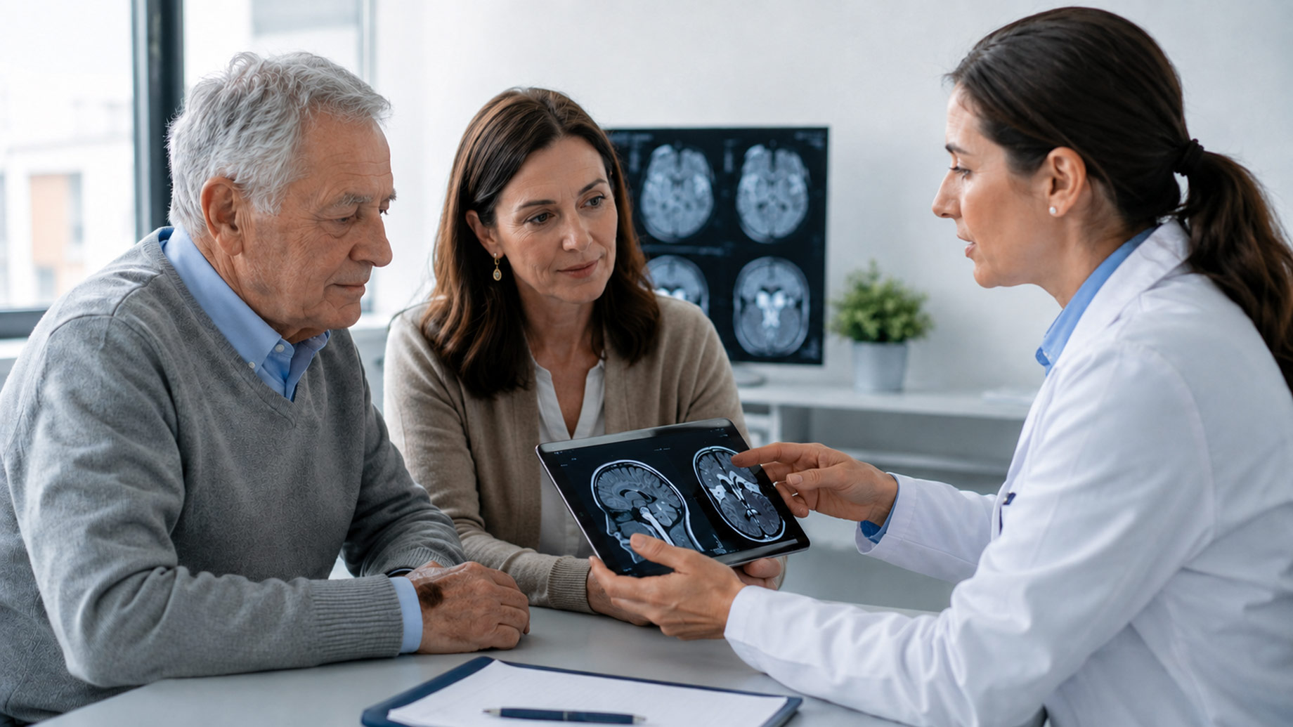 Doctor reviewing brain scans with an older patient and family member during an Alzheimer’s disease consultation.